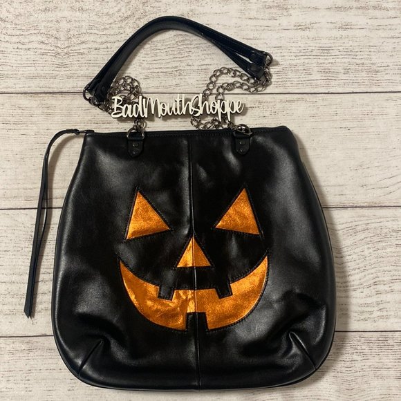 Verona Black Handbags - *Verona Black Leather Halloween Jackolantern Cauldron Tote Bag